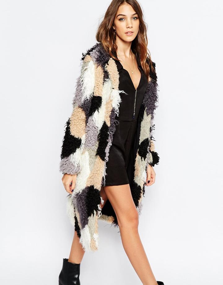 Neon Rose Patch Work Shearling Coat - Multi