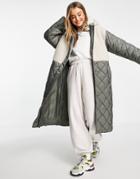 Asos Design Borg Patched Quilted Jacket In Khaki-black