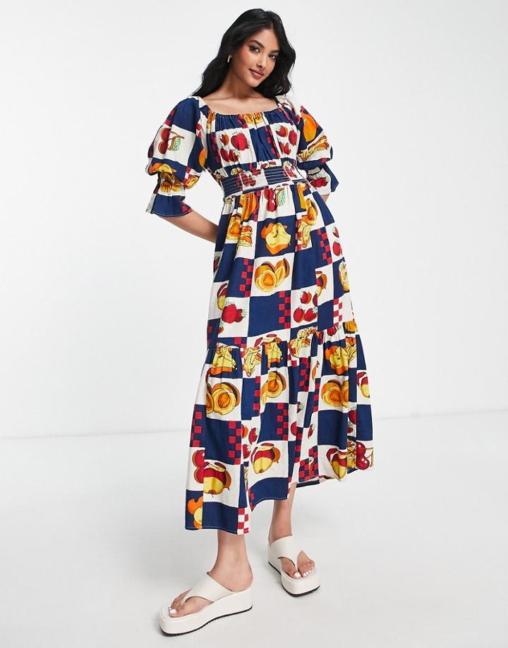 Damson Madder Fruit Print Midaxi Dress In Navy