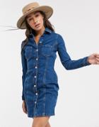 Topshop Button Through Denim Mini Dress In Blue-blues