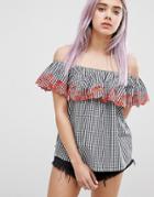 New Look Gingham Embroidered Bardot Top - White