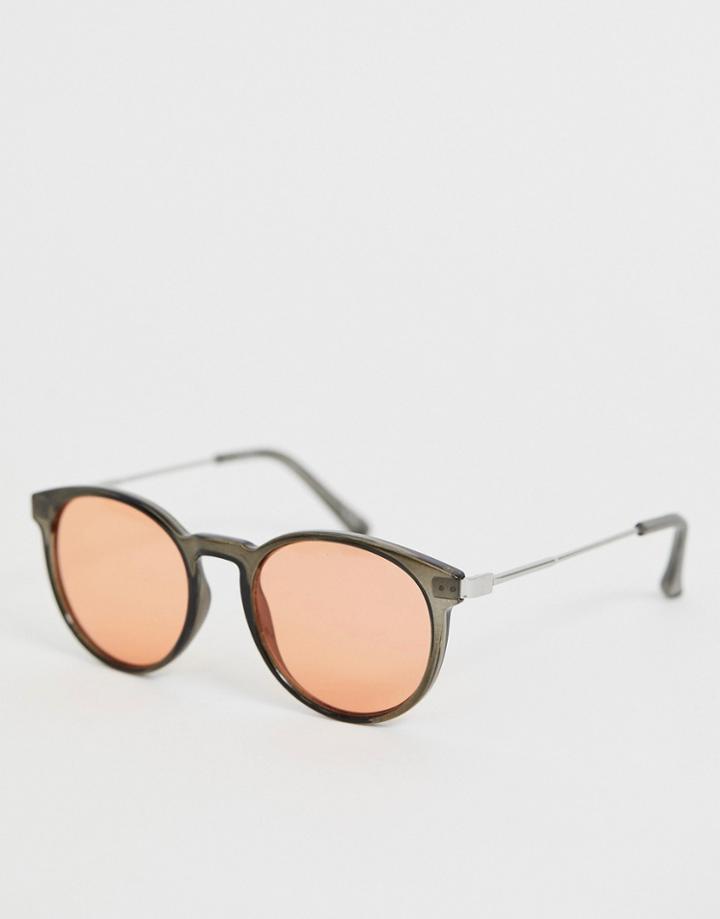 Asos Design Crystal Sunglasses In Gray With Pink Lens And Metal Temples - Black