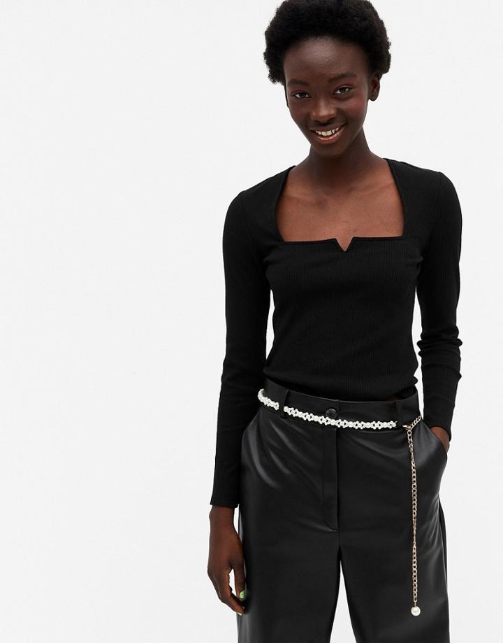 Monki Nonna Cotton Ribbed Square Neck Top In Black