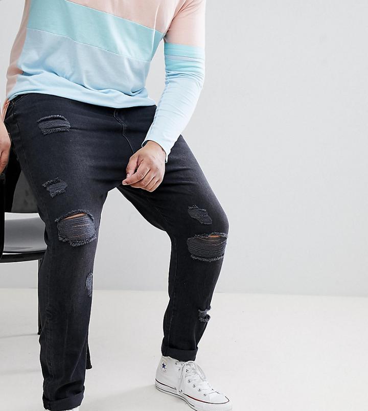 Asos Design Plus Drop Crotch Jeans In Washed Black With Heavy Rips - Black