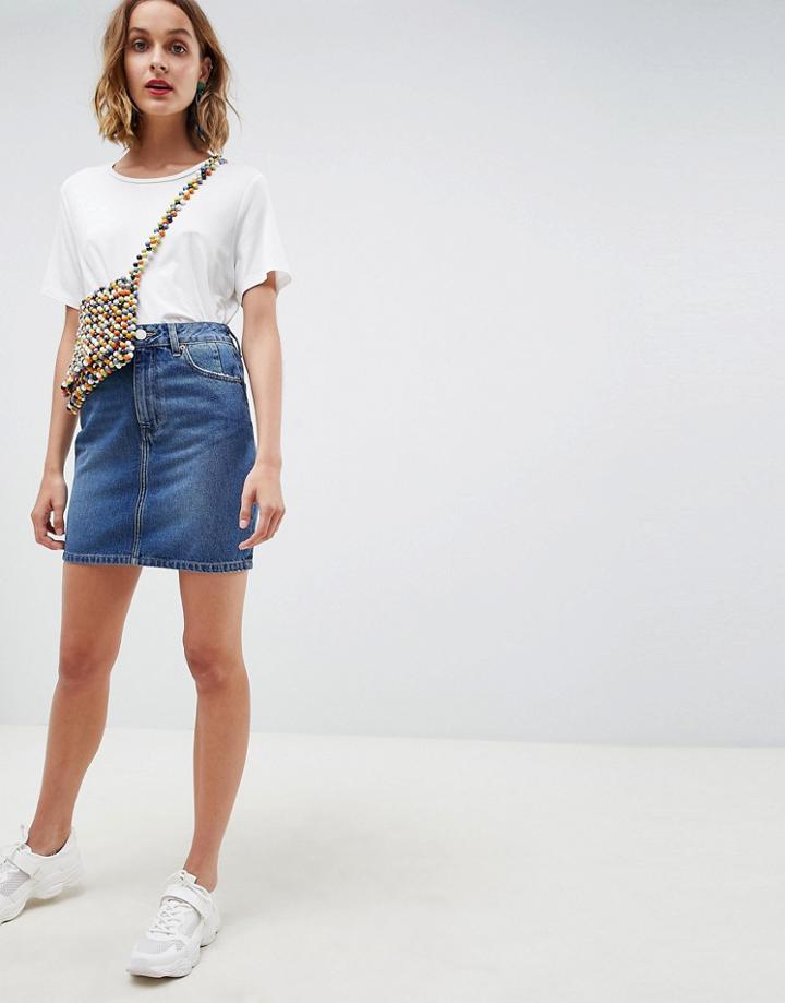 Asos Design Denim Original High Waisted Skirt In Midwash Blue