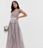 Tfnc Pleated Maxi Bridesmaid Dress With Cross Back And Bow Detail In Gray
