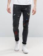 Asos Extreme Super Skinny Jeans With Patches In Washed Black - Black