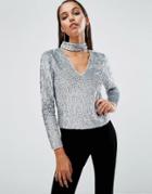 Asos Night Top With High Neck In Sequin Embellishment - Silver