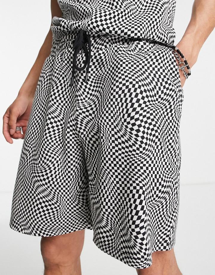 Asos Design Relaxed Jersey Short In Black And White Checkerboard Print - Part Of A Set-multi