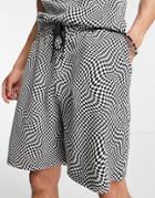 Asos Design Relaxed Jersey Short In Black And White Checkerboard Print - Part Of A Set-multi