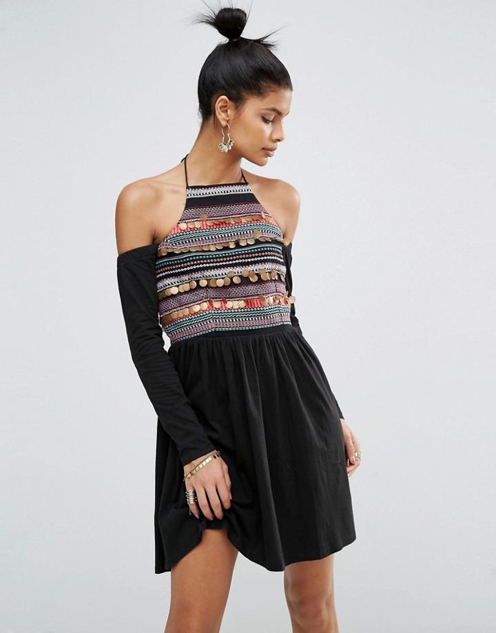 Asos Coin Trim Sundress With Cold Shoulder - Multi