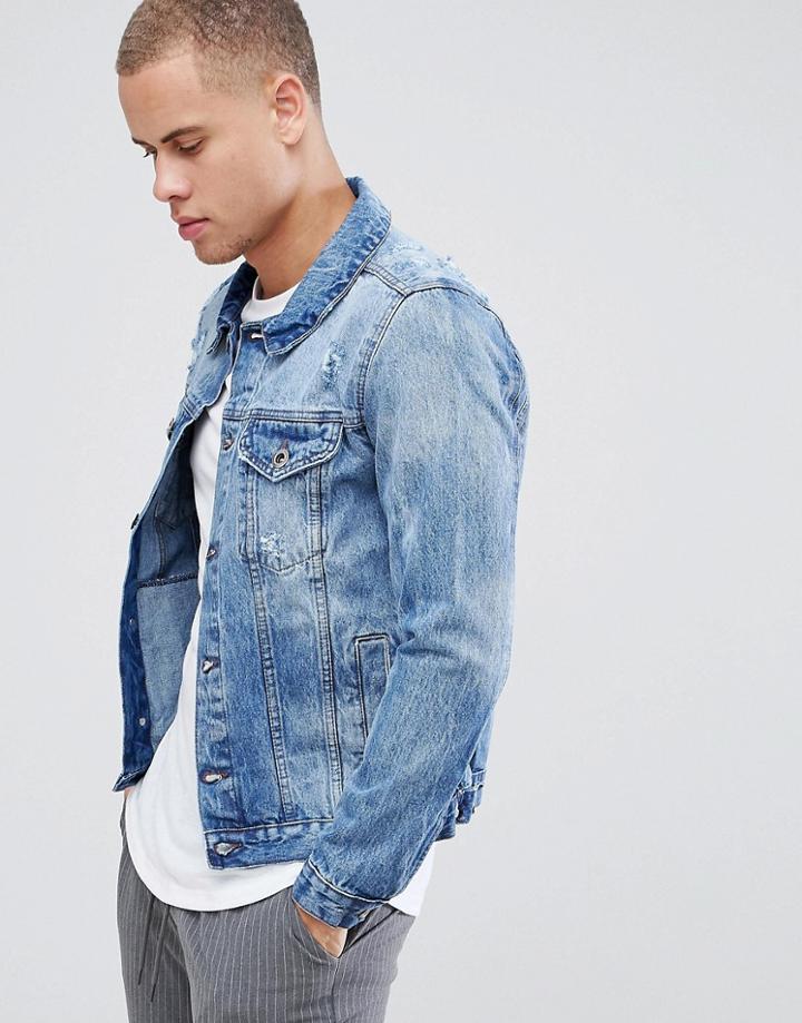 Threadbare Vintage Ripped Denim Jacket - Navy
