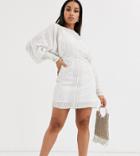 Asos Design Petite Mini Dress With Blouson Sleeve In Linear Embellishment-white