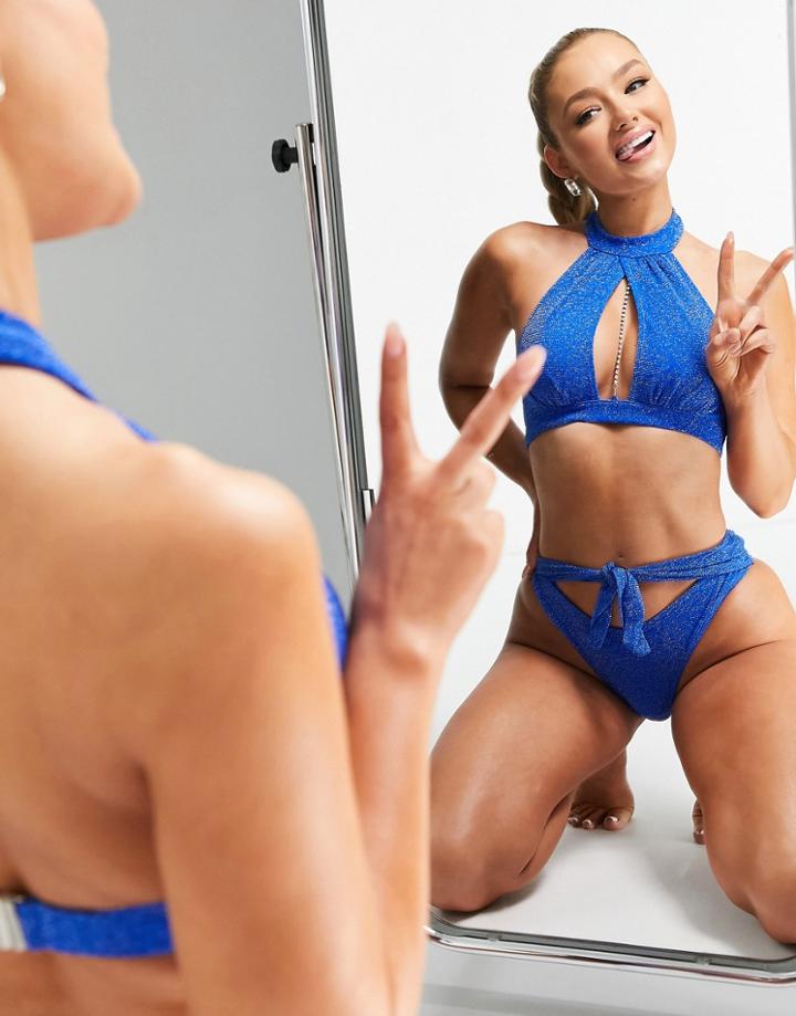 Ann Summers La Isla Bonita High Neck Bikini Top With Cut Out With Detachable Diamante Detailing In Glitter Cobalt-blue
