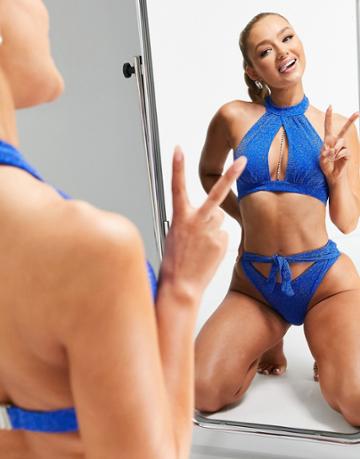 Ann Summers La Isla Bonita High Neck Bikini Top With Cut Out With Detachable Diamante Detailing In Glitter Cobalt-blue