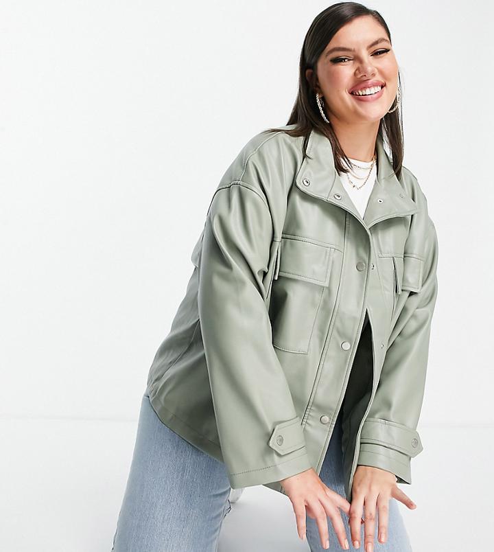 Asos Design Curve Oversized Chuck On Faux Leather Jacket In Sage-grey