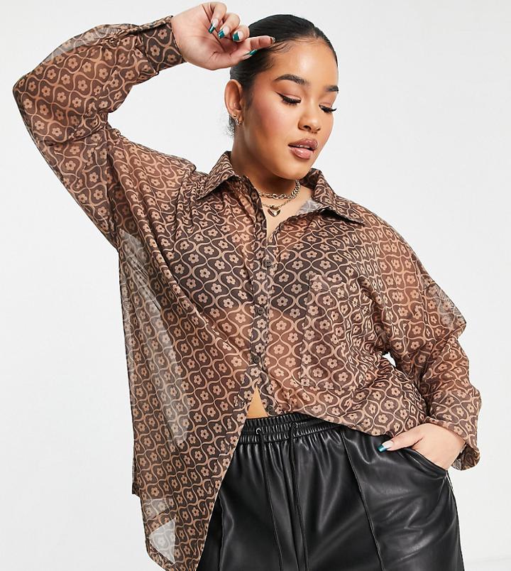 Asos Design Curve Oversized Mesh Shirt In Monogram Print-multi