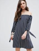 Qed London Stripe Off Shoulder Dress With Tie Sleeves - Blue