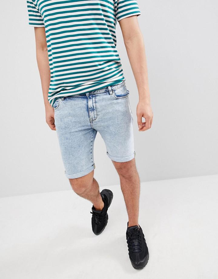 Asos Design Denim Shorts In Super Skinny Heavy Bleach Wash - Blue
