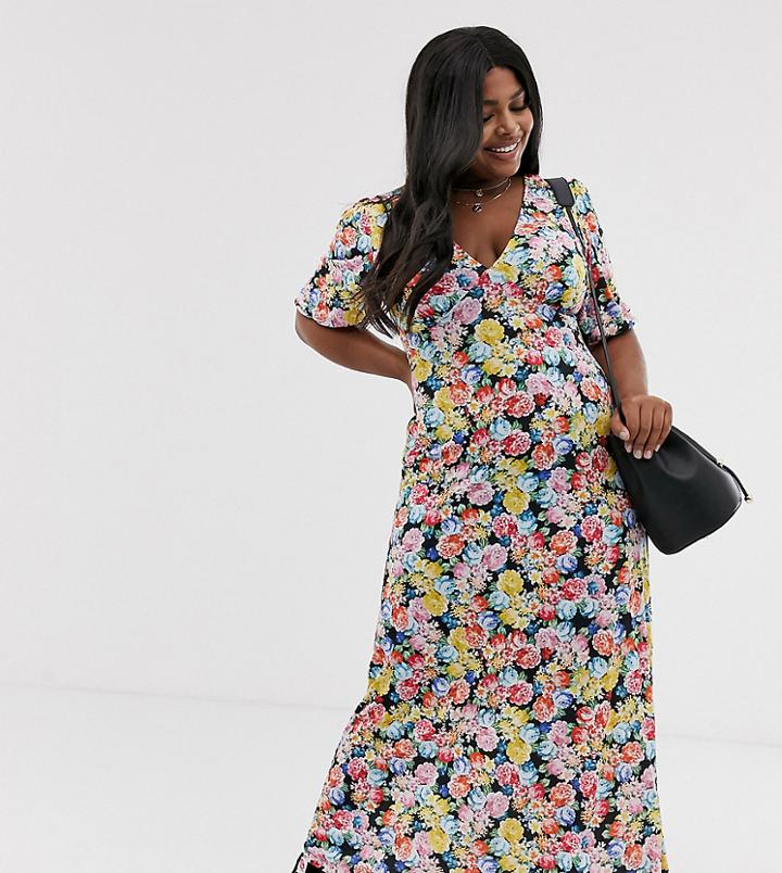 Asos Design Curve Maxi Tea Dress In Floral Print-multi