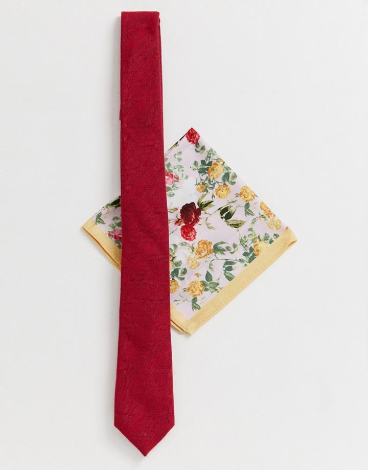 Asos Design Wedding Slim Textured Yellow Tie & Floral Pocket Square - Yellow