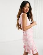 Asos Design Bunny Tie Ruched Pep Hem Mini Dress In Floral Print-multi