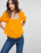 Asos Square Neck Top With Puff Sleeve In Dobby - Yellow