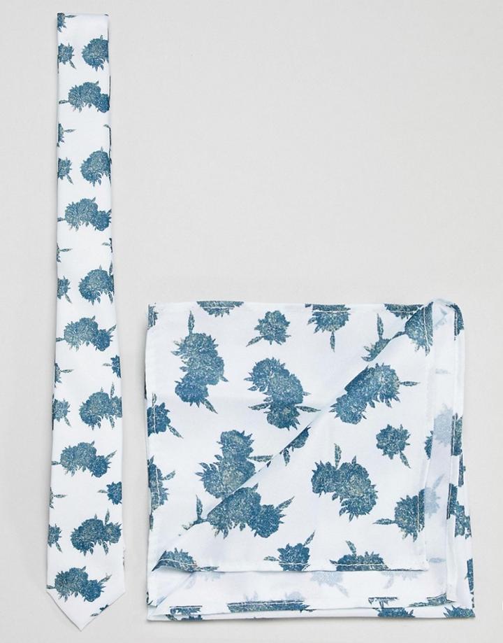Asos Design Floral Tie And Pocket Square Pack In Mint - Green