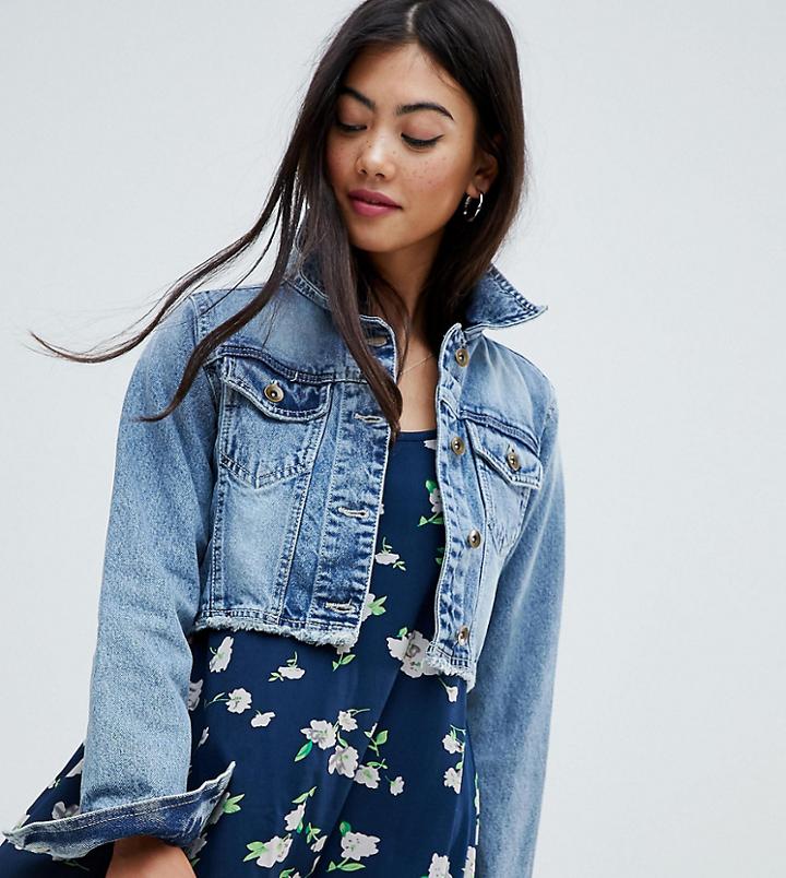 Brave Soul Petite Fitz Crop Denim Jacket - Blue