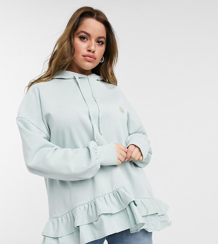 River Island Plus Poplin Ruffle Hoodie In Green