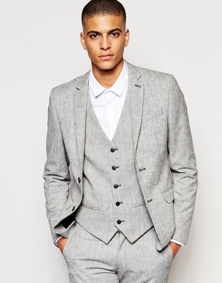 New Look Slim Fit Suit Jacket In Gray Herringbone Slub - Cream