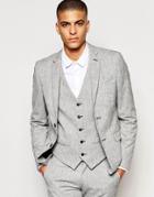 New Look Slim Fit Suit Jacket In Gray Herringbone Slub - Cream