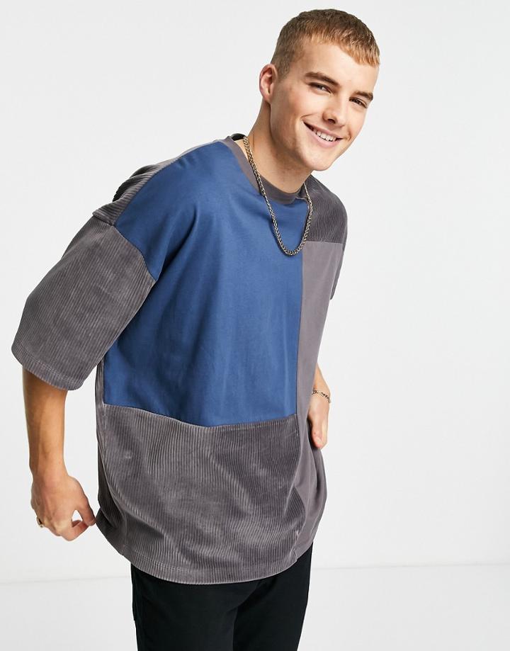 Asos Design Oversized T-shirt In Black & Gray Ribbed Velour Color Block-multi