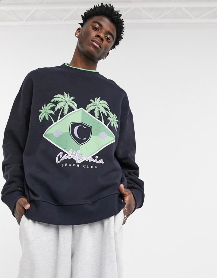 Asos Design Oversized Sweatshirt With California Front Print And Double Neck Rib Detail-black
