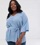 Asos Design Curve Textured 3/4 Sleeve Oversized Top With V Neck And Tie Waist - Blue