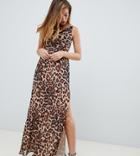 Asos Design Petite Bias Cut Leopard Print Cami Maxi Dress With Drape Neck-multi