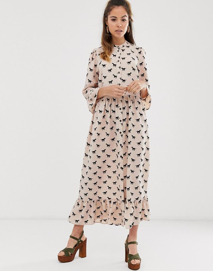 Asos Design Button Through Tiered Smock Maxi Dress In Horse Print-multi
