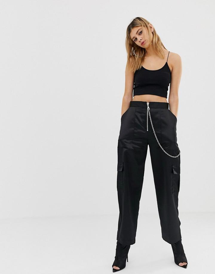 The Ragged Priest Satin Combat Pants With Chain - Black