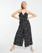Asos Design Wrap Front Cami Culotte Trim Jumpsuit In Mono Whimsy Print-multi