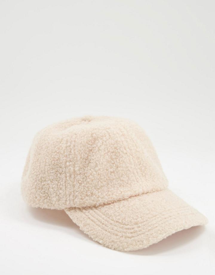 Asos Design Baseball Cap In Ecru Borg-white