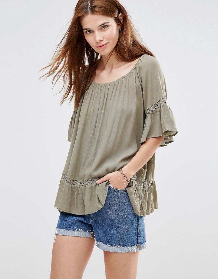 Qed London Boho Top With Peplum Hem - Khaki