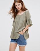 Qed London Boho Top With Peplum Hem - Khaki