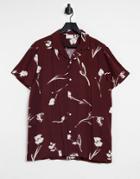 Asos Design Revere Shirt In Burgundy And White Scribble Floral-red