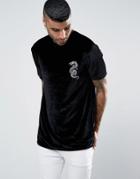 Asos Velour Longline T-shirt With Dragon Embroidery - Black