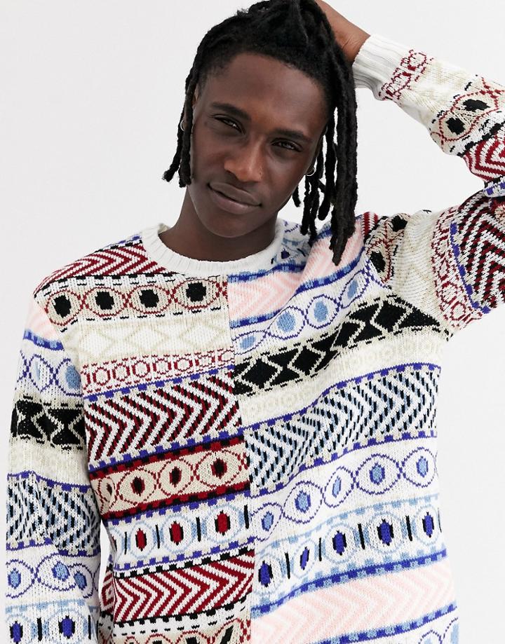 Asos Design Oversized Sweater With Mix Fairisle Pattern-multi