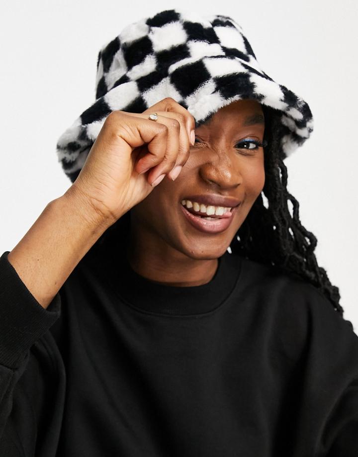 Monki Faux Fur Checkerboard Bucket Hat In Black And White-multi