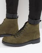 Asos Lace Up Boots In Khaki Suede With Cleated Chunky Sole - Green