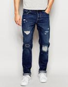 Asos Slim Jeans With Rip And Repair In Mid Blue - Mid Blue