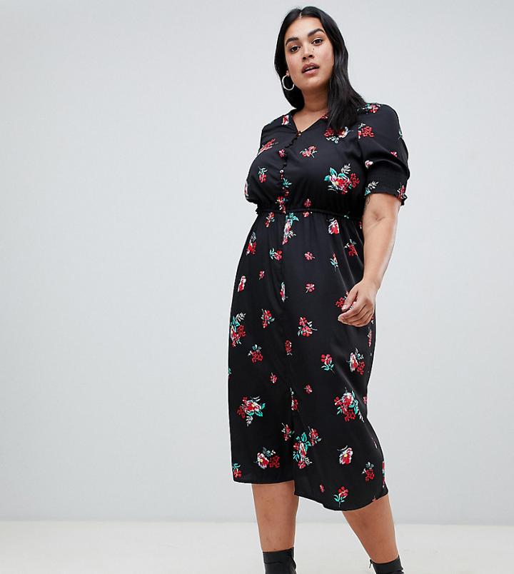 Influence Plus Shirred Sleeve Floral Midi Dress With Button Down Front - Black