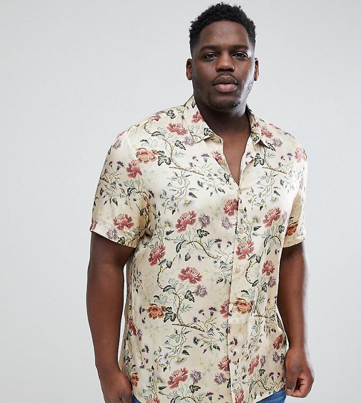 Asos Design Plus Regular Fit Satin Viscose Shirt With Floral Design In Ecru - Beige